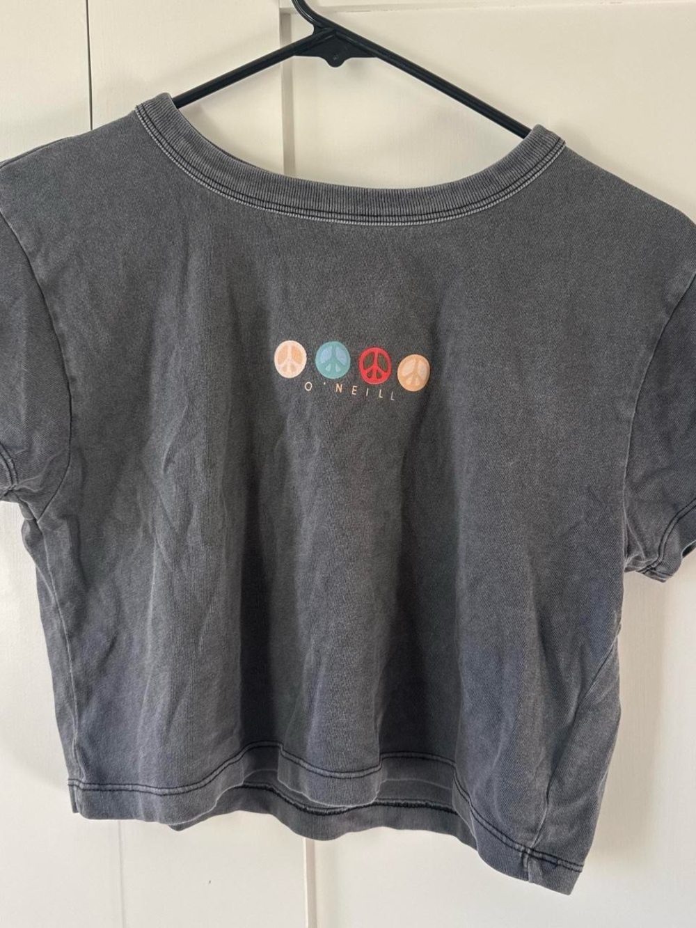 O'Neill Charcoal Crop Tee with Multicolor Peace Icons